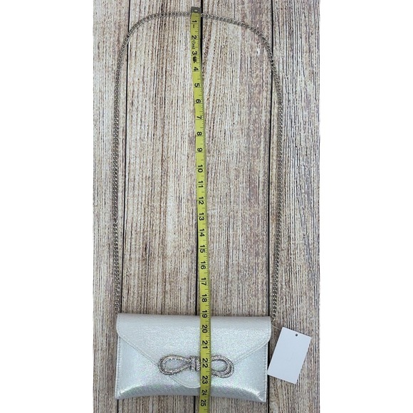 J Silver Iridescent Evening Clutch‎ Rhinestone Bow Detail Chain Strap NWT - Picture 5 of 7